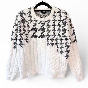 LINE The Label Riley Houndstooth Print Cable Knit Chunky Crew Neck Sweater Small